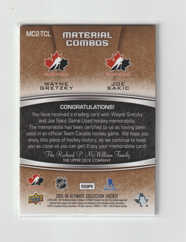 UD Team Canada Ultimate Hockey Game Used 2015-16 Wayne Gretzky Joe Sakic EX - Picture 2 of 2