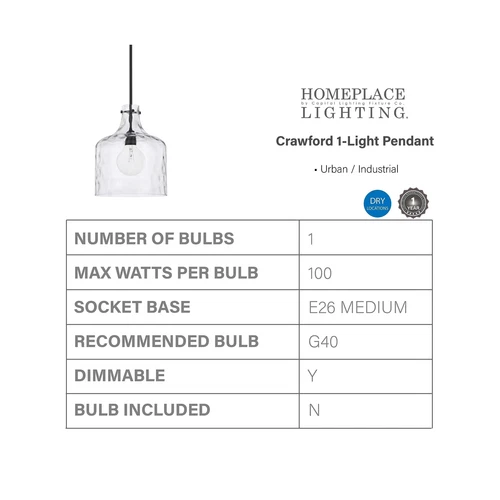HomePlace Lighting 325717MB Crawford Urban/Industrial Clear Water Glass Jar P... - Picture 3 of 5