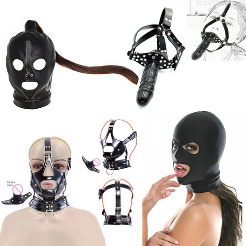 BDSM Gimp Head Harness Hood Double-ended Mouth Gag Face Mask Bondage ...