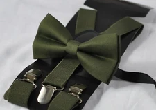 Dark Olive Green Army Green Cotton Bow Tie + Suspenders Braces for All Ages