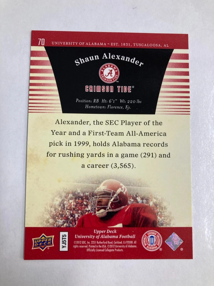 2012 Upper Deck University of Alabama football card #70 SHAUN ALEXANDER!!! - Image 2 of 2
