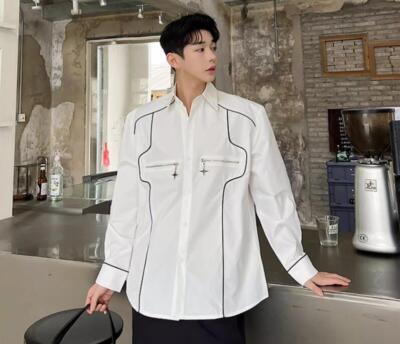 Men's Fashion Autumn Lapel Long SLeeve Metal Decor Loose Shirt Party Dress  Shirt | eBay