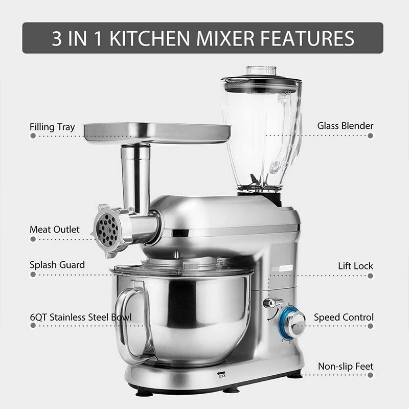3In1 Food Stand Mixer Stainless Steel Bowl Meat Grinder Blender 6QT 6 Speed - Image 4 of 4