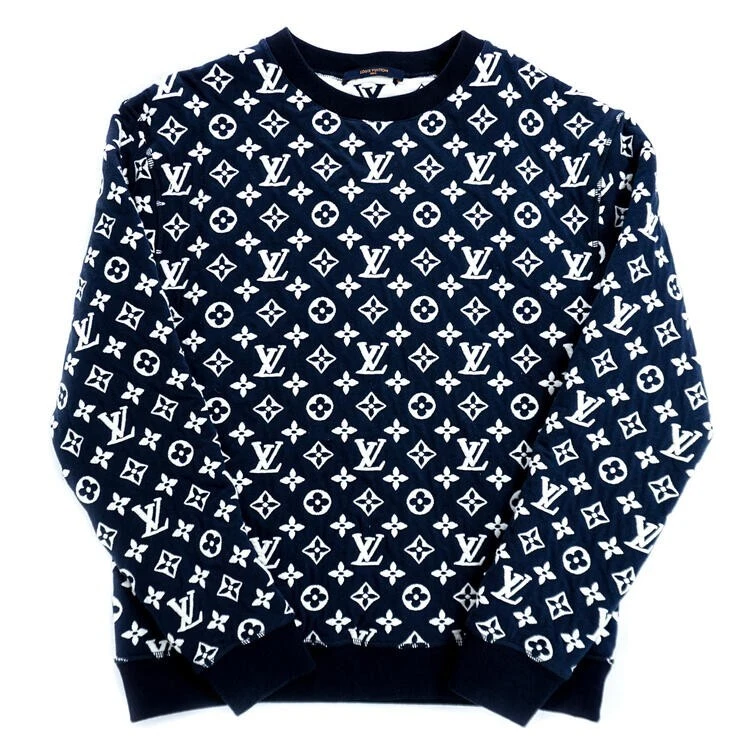 Louis Vuitton Full Monogram Jacquard Crewneck Sweatshirt Navy Size M Logo  20SS