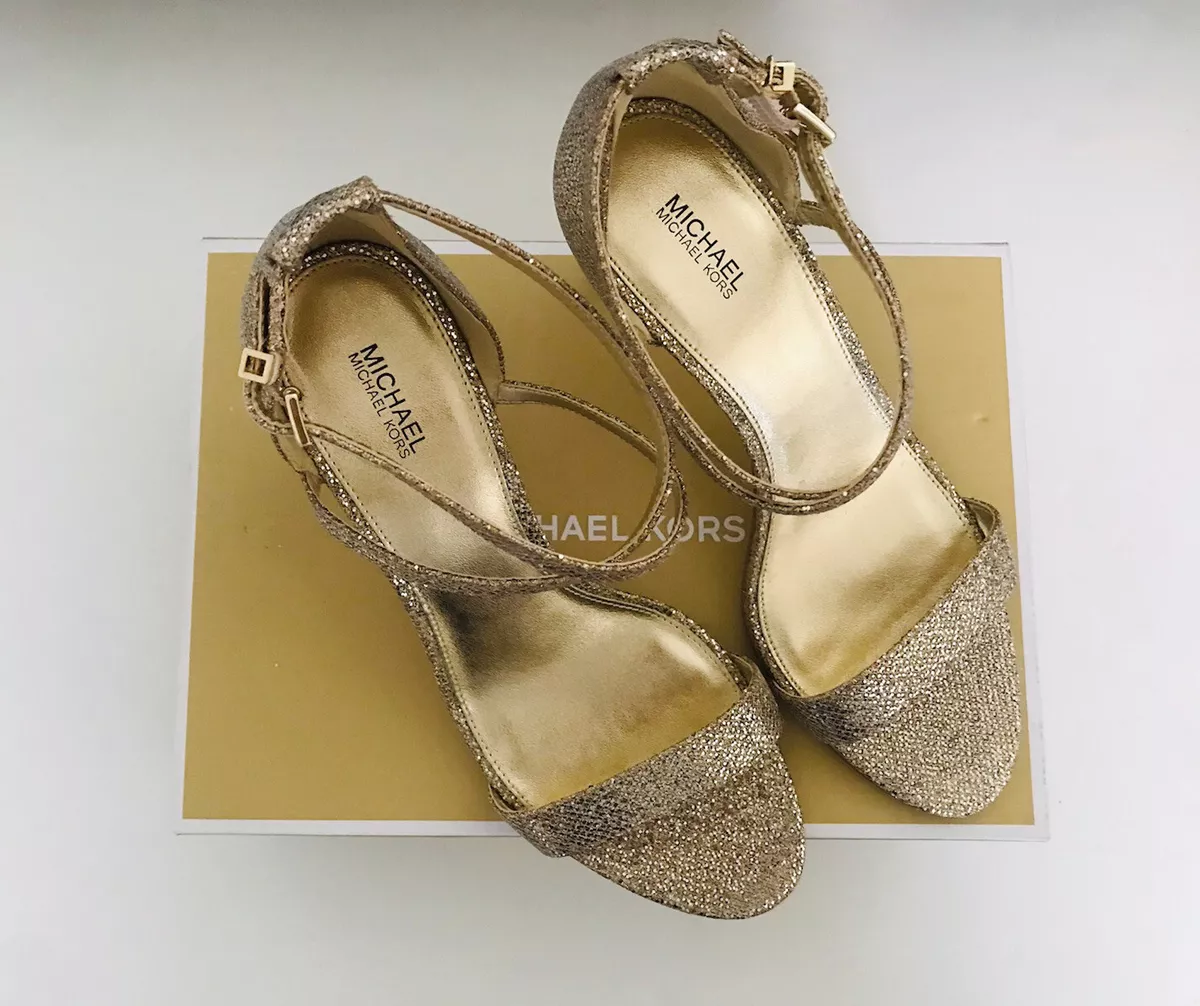 Michael Michael Kors Ava Mid Sandal Glitter Heels Silver Sand Size