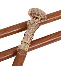 Vintage Brass Floral Handle Walking Stick Cane   3 Fold Wooden Shaft 36" Gift