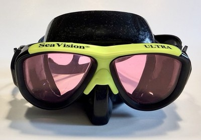 Sea Vision Ultra Scuba Diving Mask Goggles Tinted Pink W/ Black Yellow Design