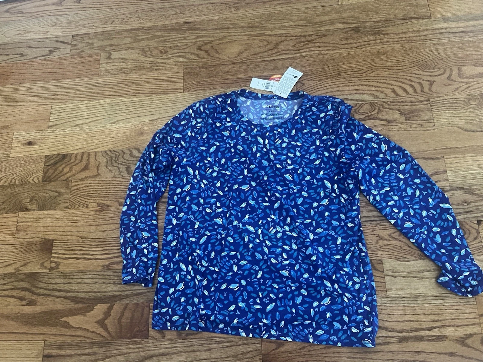 BNWT Womens Swim Top-L.L. BEAN-blue floral nylon stretch Rash Guard ls UPF 50 L