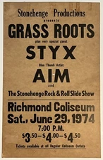 Grass Roots STYX Aim 1974 Original Concert Poster Boxing Style Richmond Virginia