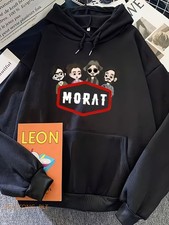 Morat Band Graphic Hoodie - Gray Cartoon Print Sweatshirt with Red Hexagon Logo,