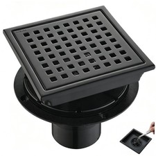 6 Inch Square Shower Floor Drain, Matte Black SUS304 Steel, Removable Hair Ca...