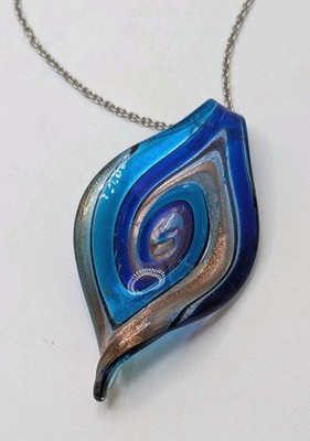Lamp Work Blue Glass Foil Swirl 2.5 In Pendant 34 in Silver Tone Chain Necklace