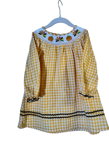 Toddler Girl Smocked Thanksgiving Turkey Pumpkin Yellow Checked Dress Size 4T