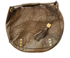 Vince Camuto taupe Pebbled Soft Leather Hobo Bag Golden Hardware Tassle Hippie