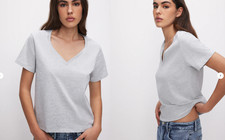 🌫️👕 Good American Cotton Classic V-Neck Tee • Heather Grey • Medium • NWT