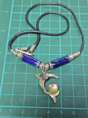 Vtg Stamped NTL Handmade Jumping Dolphin  Crystal Bead Pendant Corded Necklace