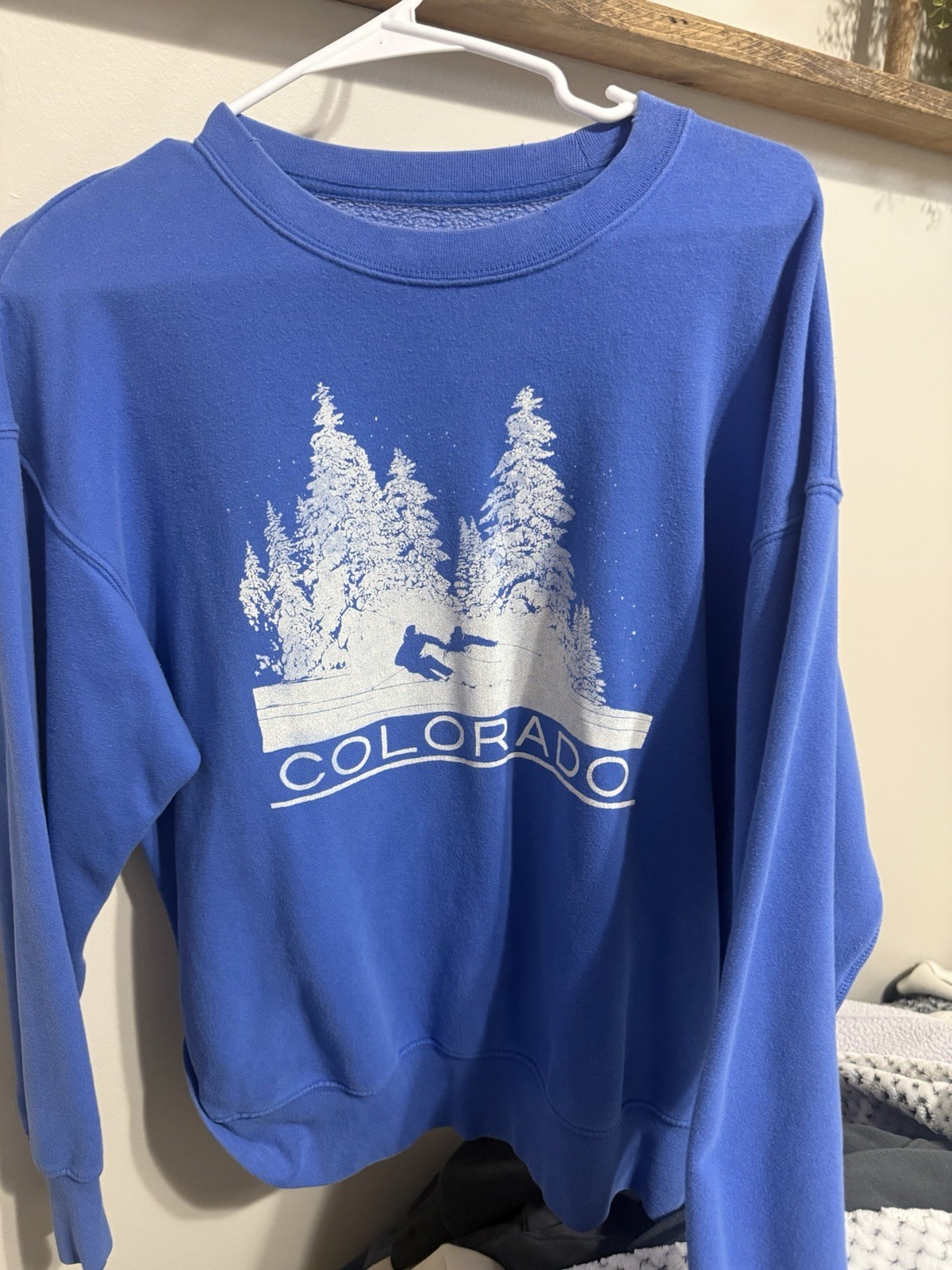 American Eagle Colorado Graphic Print Fleece Crew Neck Sweatshirt Blue S Women