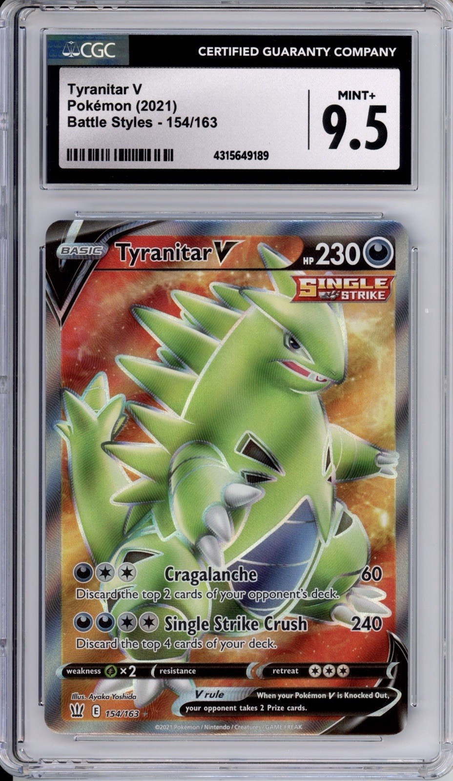 CGC 9.5 Tyranitar V Pokémon SWSH Battle Styles Full Art Holo 154/163