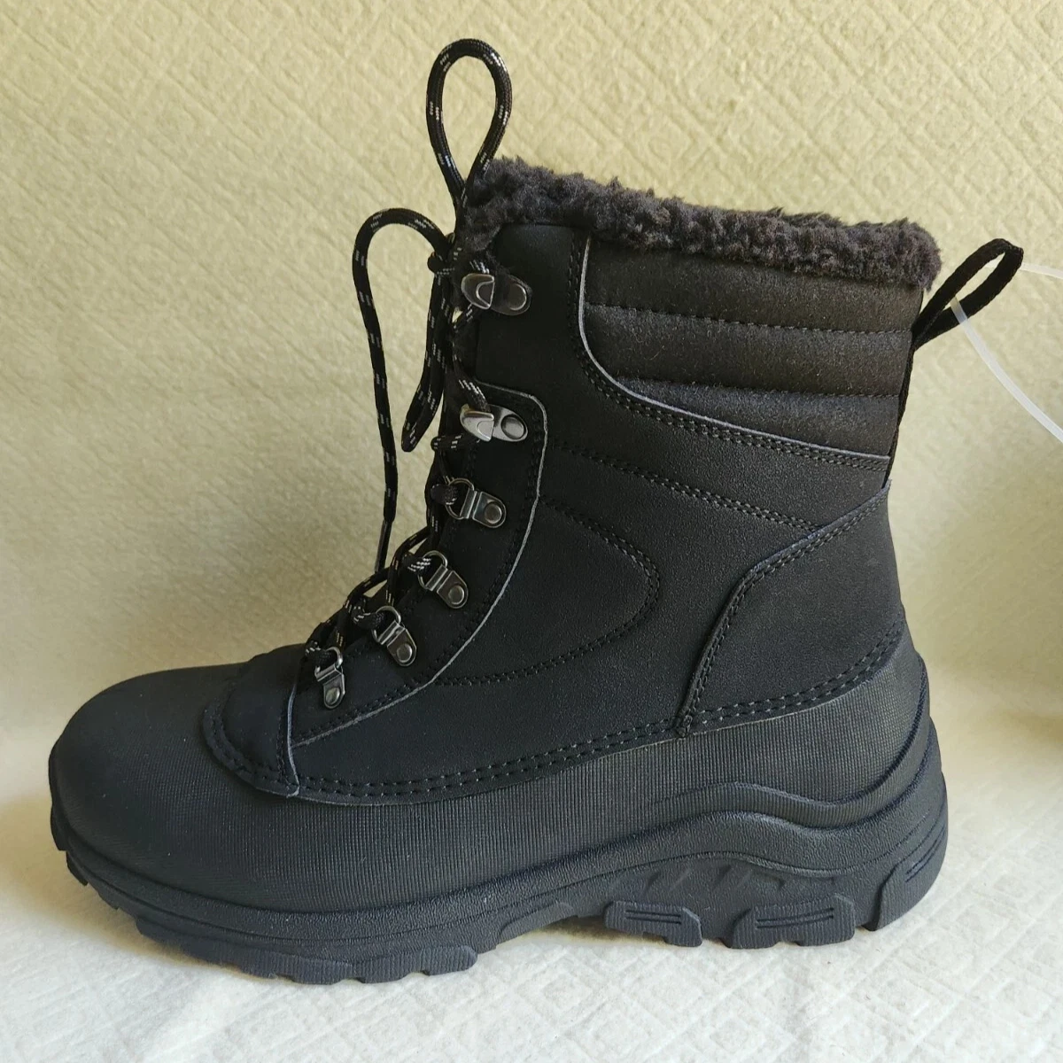 All In Motion Men's 9 Black Waterproof Snow Winter Faux Fur Lined Boots Lace Up