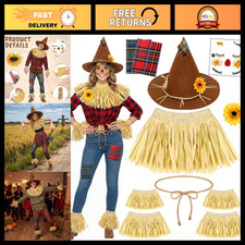 Adult Scarecrow Costume for Women with Hat, Makeup, Accessories Set for Hallowee