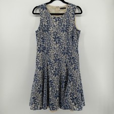 Tommy Hilfiger Blue Lace Floral Tan Lined Fit Flare Midi Dress 12 Feminine Party
