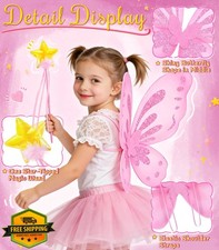 Pink Fairy Wings Butterfly Costume Girls Wand Halloween Cosplay Dress Up