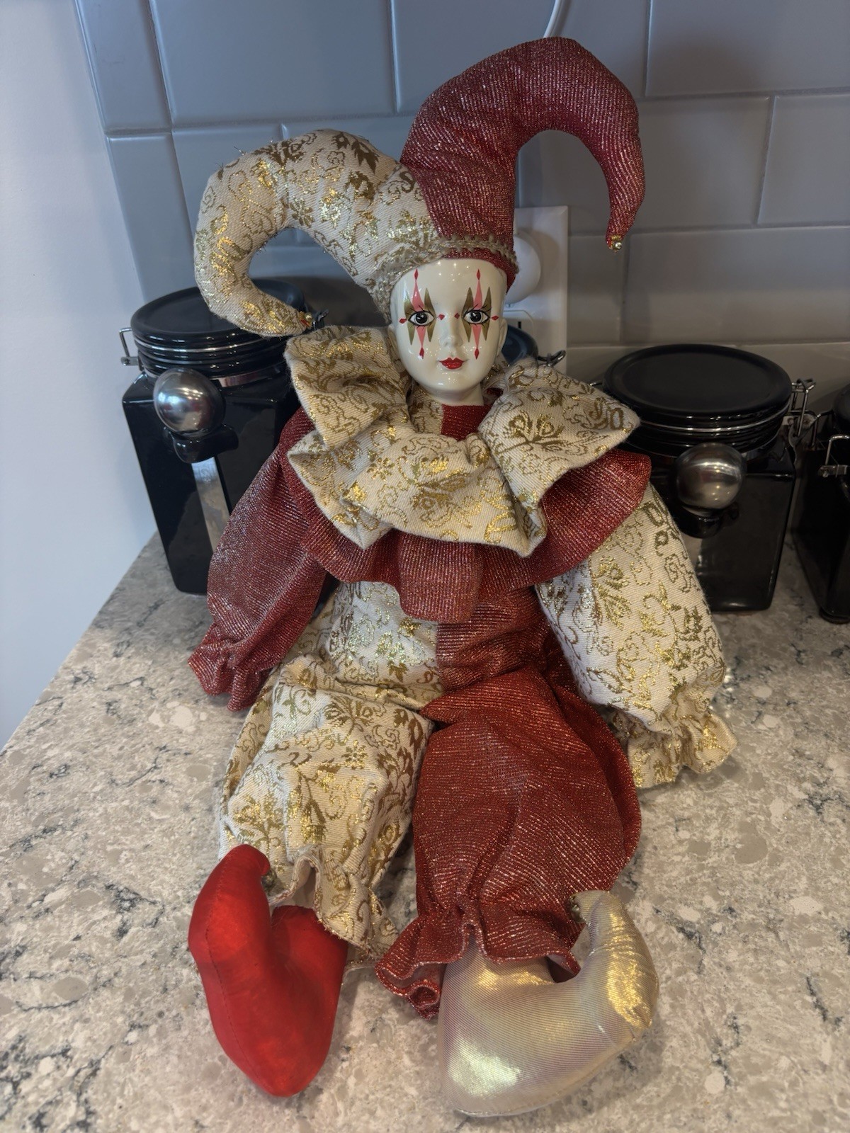 Vintage Brinn's Collectible Jester Harlequin Porcelain Doll Red Gold