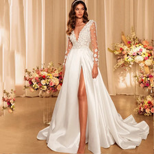 Modern A-Line Wedding Gown Bridal Dresses Sheer Neck Long Sleeve with Side Split