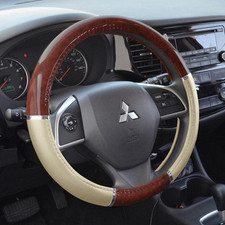 Dark Wood Grain Steering Wheel Cover, 15" Beige Faux Leather Grip