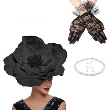 4pcs/set Large Flower Fascinators Hat for Women Tea Party with Short Lace Gloves