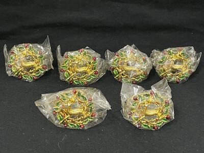 6 Christmas Deer In Wreath Napkin Rings  Gold Tone Metal NEW