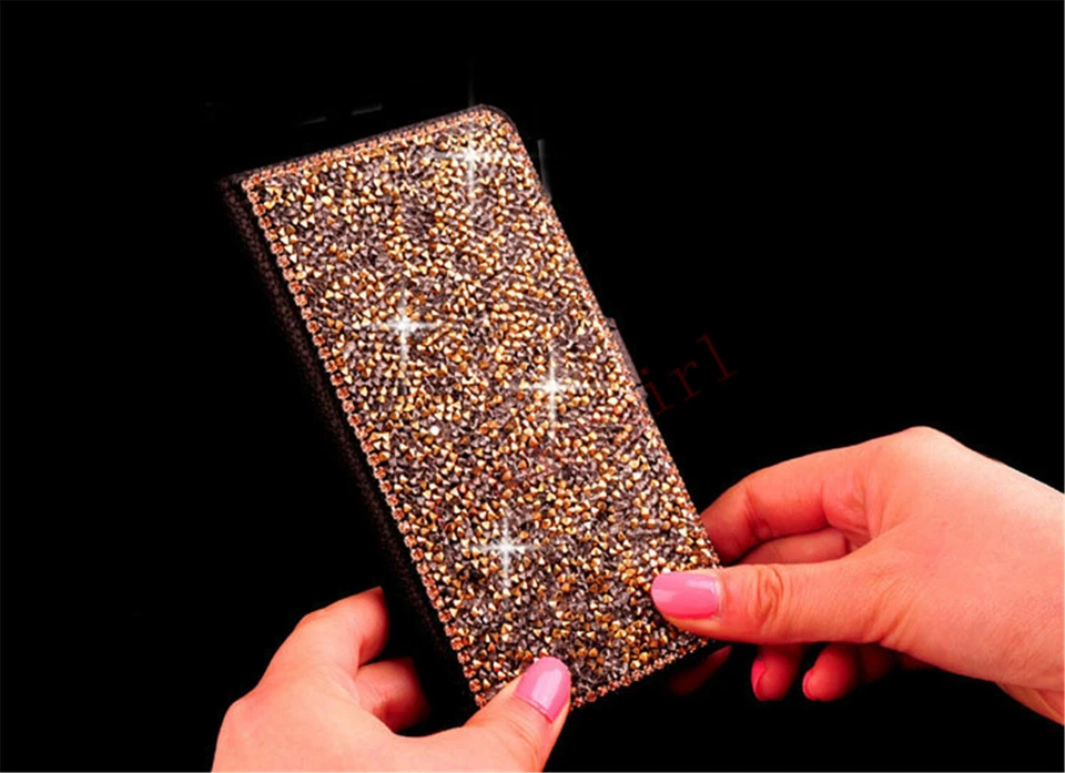 Para mujeres Lujo Diamante Abatible Cuero Brillante Brillo Cartera Estuche Soporte Cubierta Foto 4 de 4