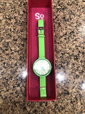 So' Fashion Choker Watch 19'' Green Band Large White Face Faux Leather Accutime