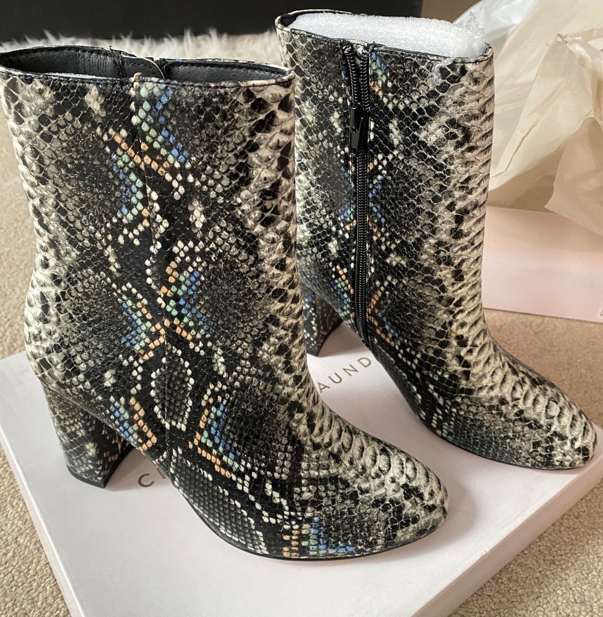 NIB! Chinese Laundry Koraline Faux Snakeskin Mid Calf Boot, Black White  Blue,