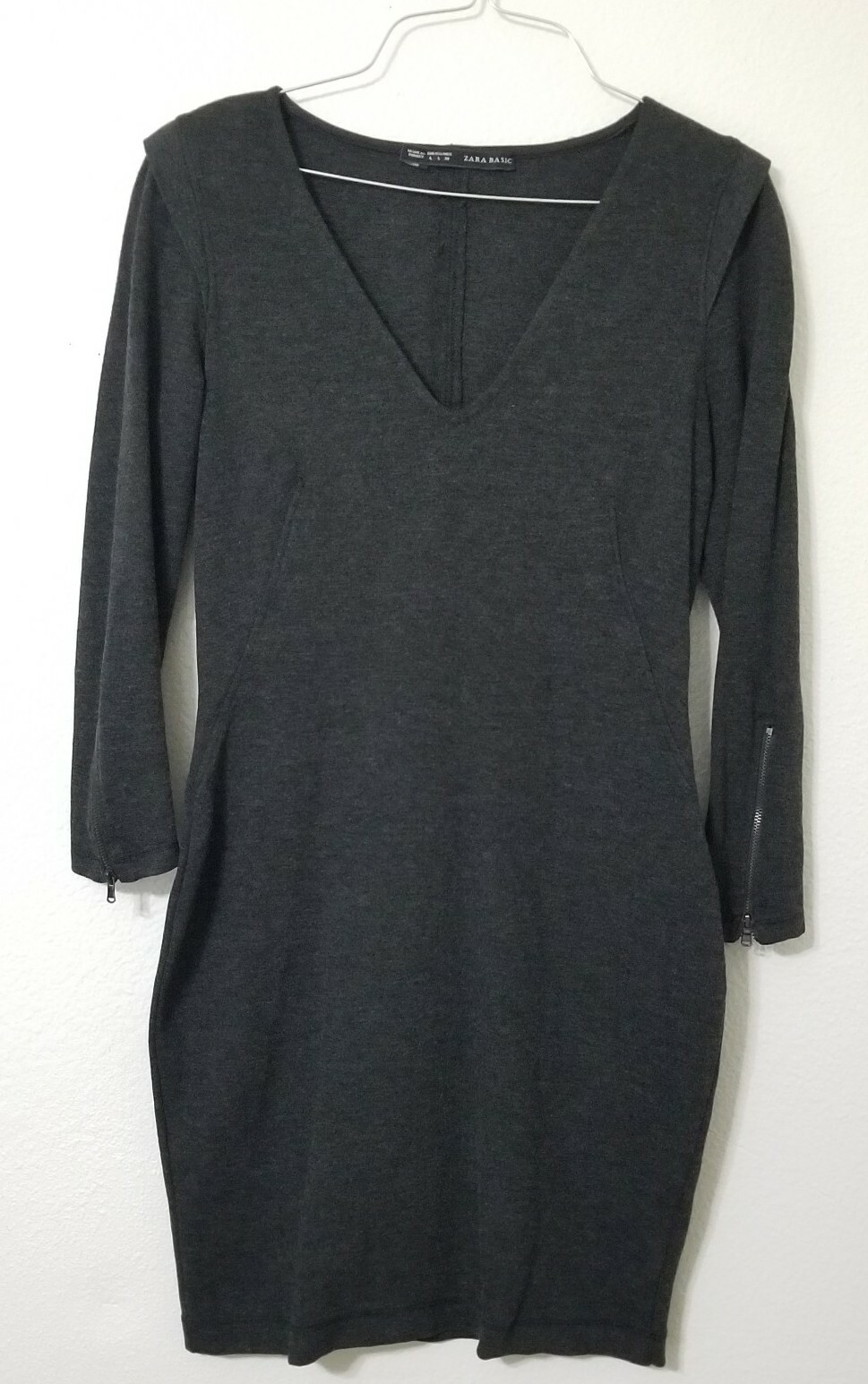 Zara Basic Gray Long Sleeve Bodycon Dress V Neck … - image 1