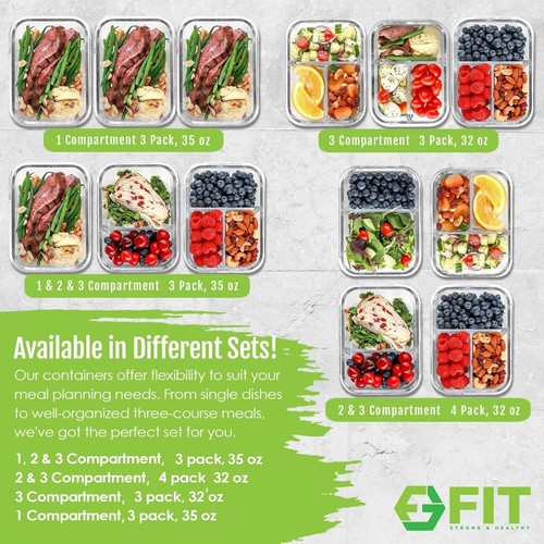 1 & 2 & 3 Fach Glas Mahlzeit Vorbereitung Behälter mit GRAUEN Deckeln (3er Pack, 35 oz) - Bild 7 von 7