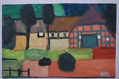 Gemälde Aquarell Landschaft  Fachwerkhaus Bäume Gerda Henning Nachlass