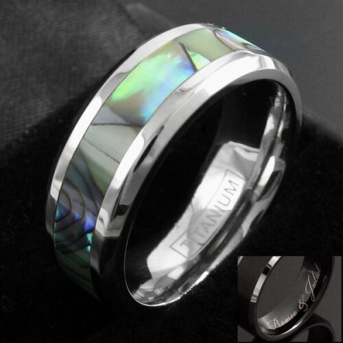 Engraved Titanium Men's Abalone Center Stripe Wedding Band Ring - Afbeelding 1 van 5