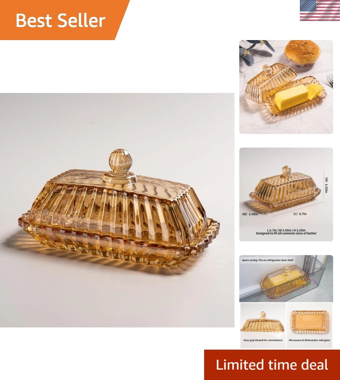 Champagne Color Glass Butter Dish with Lid, Covered Butter Stick Holder Tray,...