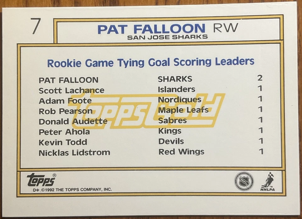 1992-93 Topps Gold Pat Falloon Super Rookie #7 San Jose Sharks - Image 2 of 2