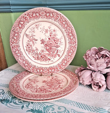 3 PINK & WHITE DINNER PLATES CHINOISERIE PHEONIX ENGLISH IRONSTONE ENGLAND 24cm
