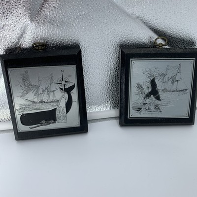 Vintage Milford Plaque Co. Two Whaling Scene Etched Metallic, Dark Wood Frames