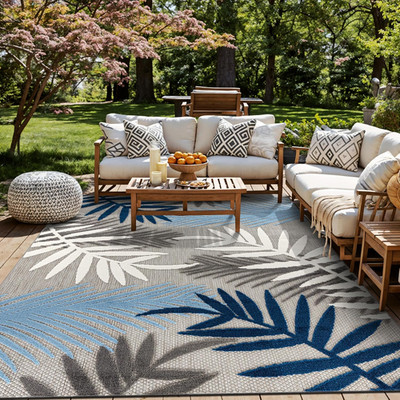 Indoor/Outdoor Palm Leaf Area Rug, Non-Shedding Easy-Care Design for Backyard, D