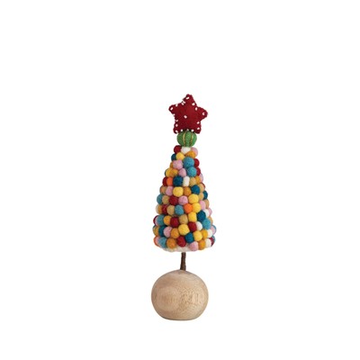 2-1/4'' Round x 8'' H Handmade Wool Felt Pom Pom Tree w/Beaded Star & Wood Ball...
