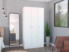 Austral 3 Door Armoire: White Wardrobe with Drawers, Shelves, Hanging Rod
