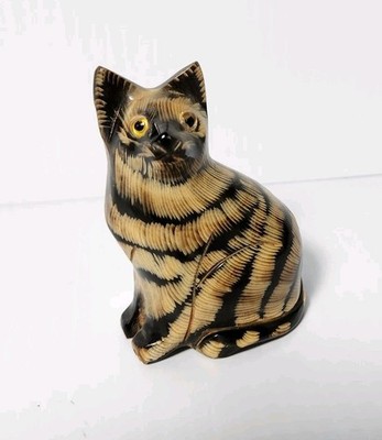 Vintage Hand Carved Water Buffalo Horn Tabby Cat Small Thailand 3''