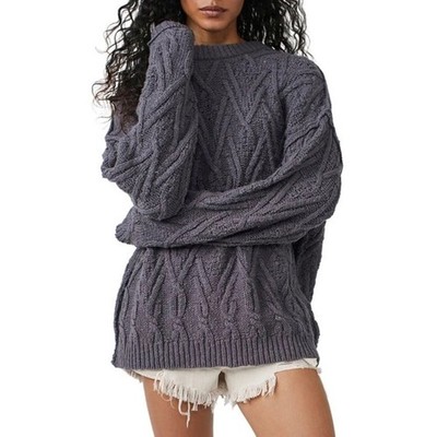 Free People Isla Cable Knit Sweater XL Gray Oversized Slouchy