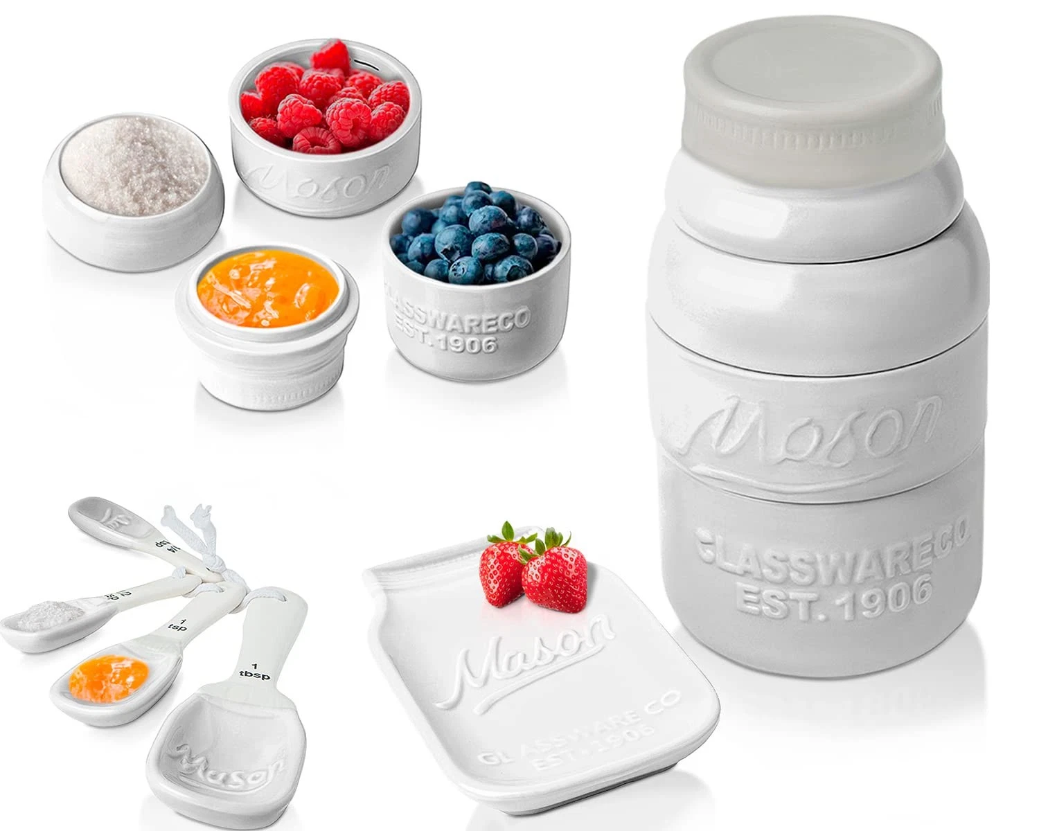 Mason Jar Kitchenware – White Ceramic Decor with 4 Measuring Cups, 4 Measurin...