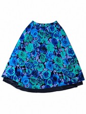 Women  s Blue Green Floral A-Line Midi Skirt Elastic Waist Small