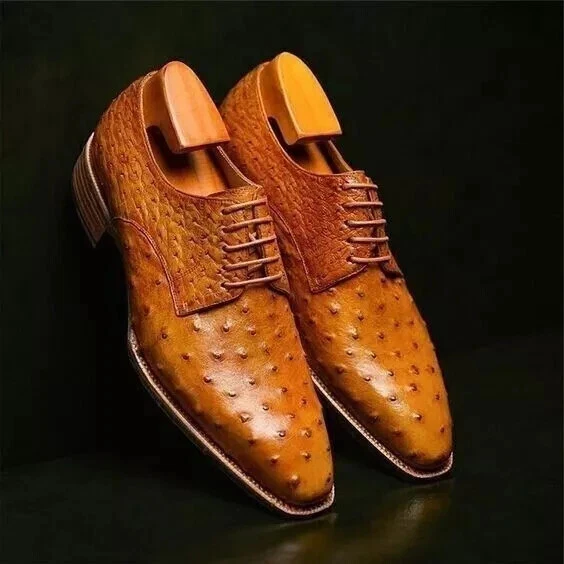 Handmade New Men Tan Ostrich Leather Derby Lace Up Top Fashion Casual Wear Shoes